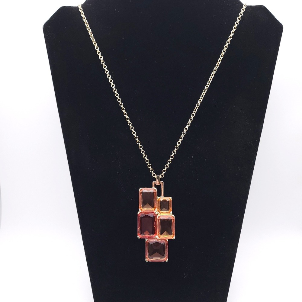 White House Black Market Amber Stone Geometric Pendant Necklace Gold Tone 32-36"
